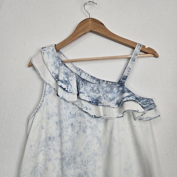 Anthro Holding Horses Dress XS Acid Wash Chambray Ruffle One Shoulder Tie Dye - Picture 2 of 11